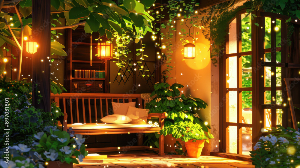 Cozy outdoor seating area with soft lighting, plants, and a warm atmosphere, perfect for relaxation and gatherings Cozy outdoor seating area with soft lighting, plants, and a warm atmosphere, perfect for relaxation and gatherings