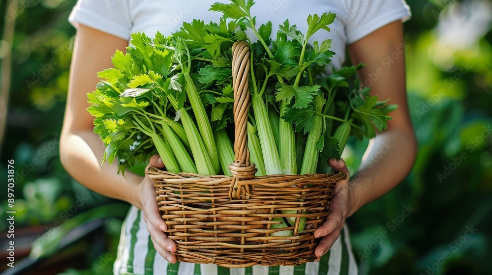 Fototapeta premium a person in a white shirt carries a basket filled with celery