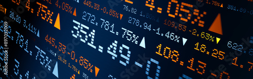 Close up abstract stock market ticker with prices, percentage changes. Financial market, screen, business, trading, rates, quotes, investment. 3D illustration
