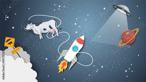 A flat illustration on the theme of space a cow flies in outer space