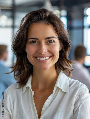 A smiling woman with a pleasant aura, suitable for use in ads or editorial content