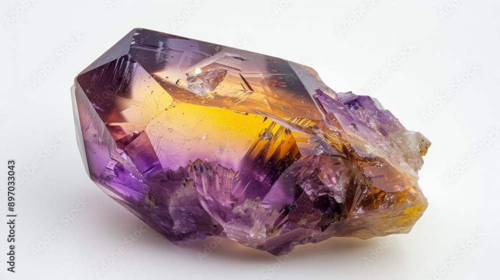 Polished Ametrine Gemstone, CloseUp of Bicolor Quartz Crystal with Purple and Yellow Hues, Ideal for Jewelry Design and Collection Polished Ametrine Gemstone, CloseUp of Bicolor Quartz Crystal with Purple and Yellow Hues, Ideal for Jewelry Design and Collection
