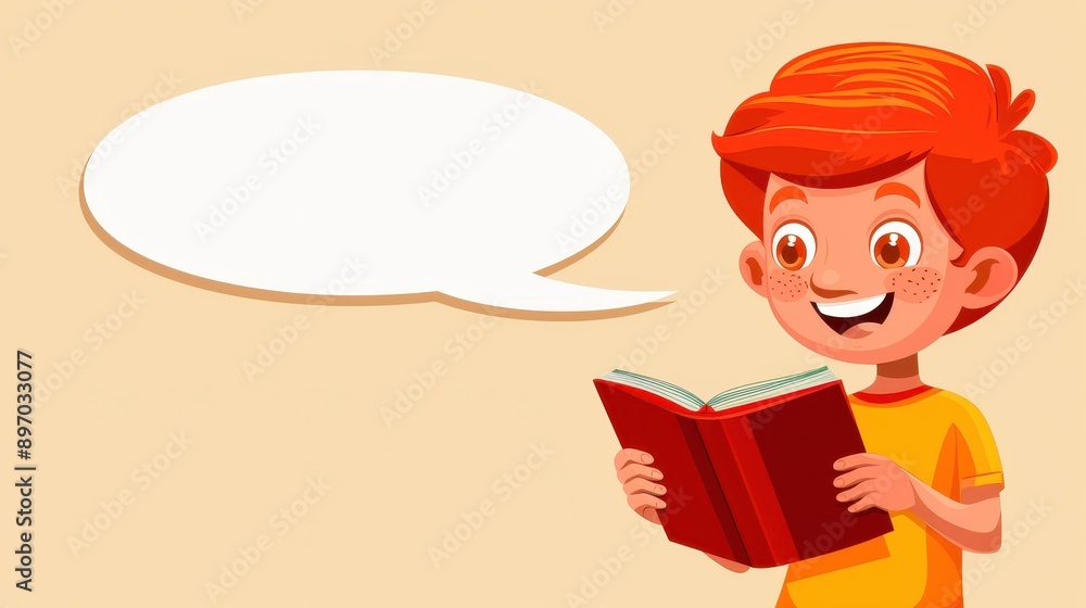 A joyful boy reads a book, sharing his thoughts in a speech bubble, capturing the magic of stories and imagination. A joyful boy reads a book, sharing his thoughts in a speech bubble, capturing the magic of stories and imagination.