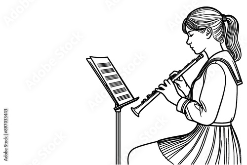 continuous single line art drawing of a high school student playing musical instrument, sheet music stand nearby. single line drawing vector. Back to school Illustration concept.