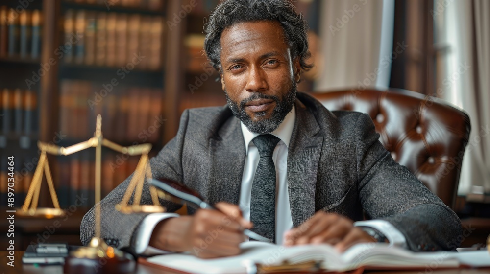lawyer is sitting at his desk, holding the document in front lawyer is sitting at his desk, holding the document in front