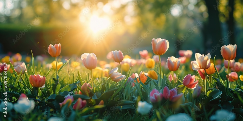 A beautiful field of tulips with the sun setting in the background A beautiful field of tulips with the sun setting in the background