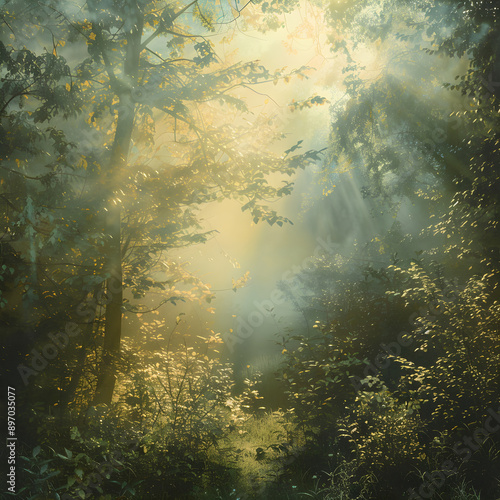 Enchanted Forest: The Gentle Dance of Sunlight Through Canopy in a Serene Woodland