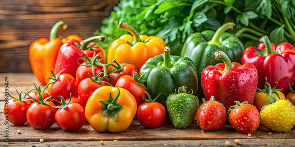 Fresh farm-to-table produce including dew-kissed tomatoes and bell peppers , farm-to-table, abundance, fresh, produce Fresh farm-to-table produce including dew-kissed tomatoes and bell peppers , farm-to-table, abundance, fresh, produce