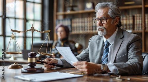 lawyer is sitting at his desk, holding the document in front