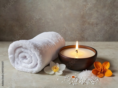 A serene spa setting featuring a lit candle, white stones in a wooden bowl, a rolled towel and flowers