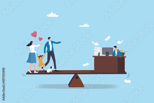 Work life balance, choose between family or hard work to be success, career opportunity or spend time with family, decision or responsibility concept, seesaw compare between family and man work hard.