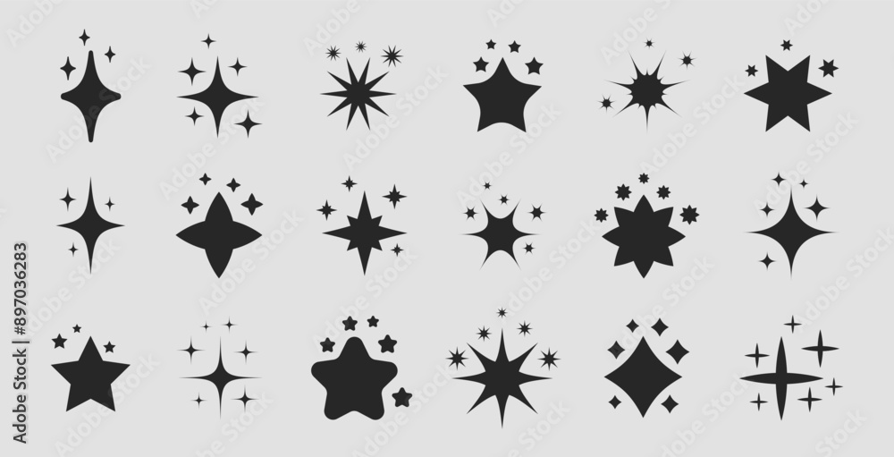 Fototapeta premium Set of star Y2k shapes. Abstract cool shine 70s 80s 90s design elements.