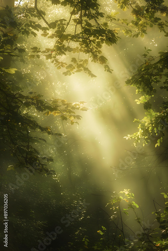 Enchanted Forest: The Gentle Dance of Sunlight Through Canopy in a Serene Woodland