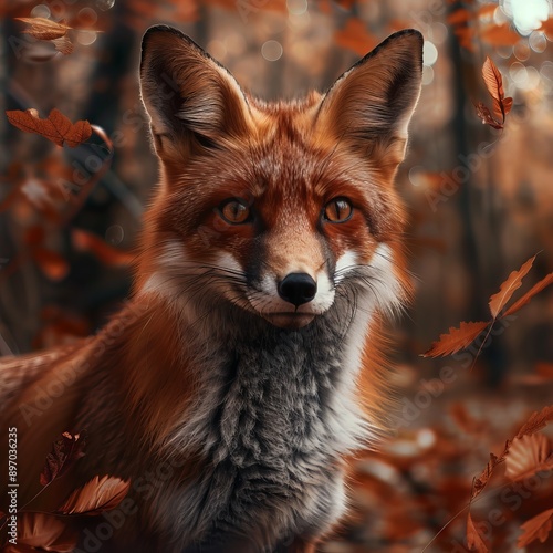 A red fox stares intently amid the autumn foliage in a forest, with vibrant fall colors creating a stunning backdrop. 