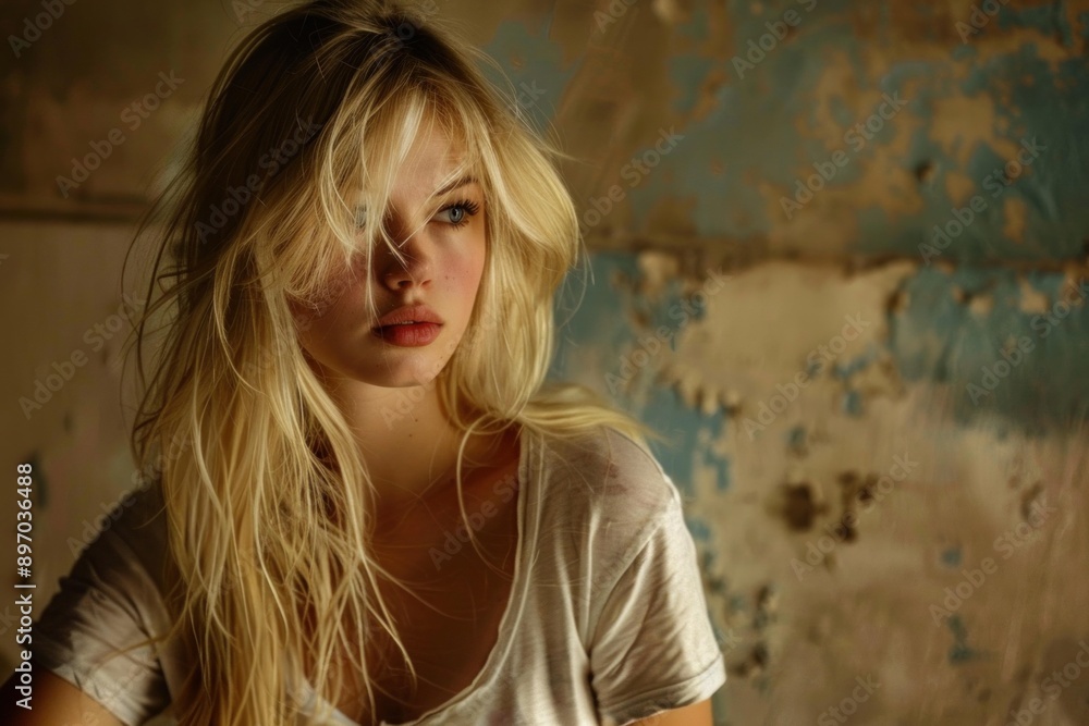 Beautiful blonde teenage girl with messy hair is posing in an abandoned building Beautiful blonde teenage girl with messy hair is posing in an abandoned building