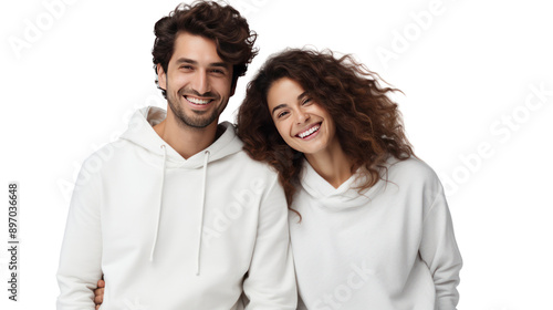 Smiling couple looking at camera isolated on white background. #897036648