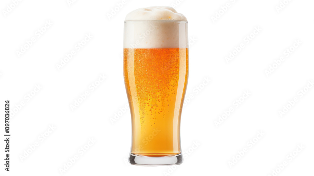 A full glass of beer with frothy foam on top stands isolated on a white background A full glass of beer with frothy foam on top stands isolated on a white background