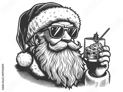 Santa Claus in sunglasses, enjoying a whisky cocktail with a lemon slice and ice cubes sketch engraving generative ai vector illustration. Scratch board imitation. Black and white image.