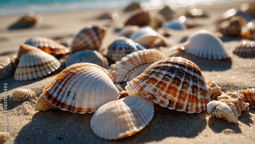 Detailed view of seashells on a sunlit beach, serene coastal background. High contrast Detailed view of seashells on a sunlit beach, serene coastal background. High contrast