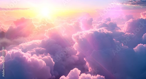 The sky is filled with pink clouds and the sun is shining through them. Concept of peace and tranquility, as the sun's rays illuminate the clouds and create a warm, calming atmosphere
