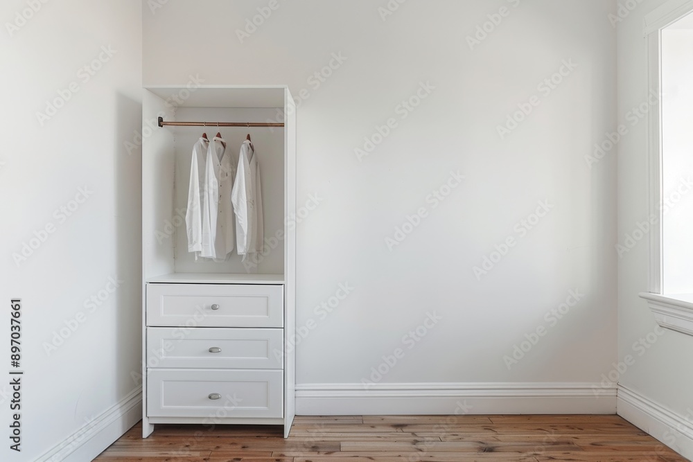 White wardrobe with clothes hanging on a hanger in a white room White wardrobe with clothes hanging on a hanger in a white room