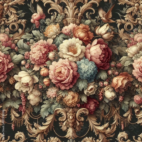 Seamless floral pattern with damask, baroque, rococo and Victorian motifs. Textured background