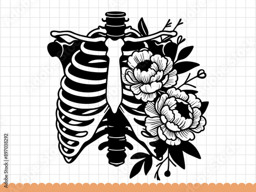 Halloween floral chest skeleton. Vector illustration