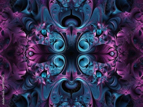 Digital abstract fractal in blue, pink, violet, psychedelic and optically challenging design photo