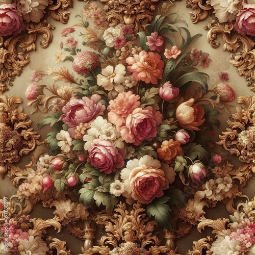 Seamless floral pattern with damask, baroque, rococo and Victorian motifs. Textured background