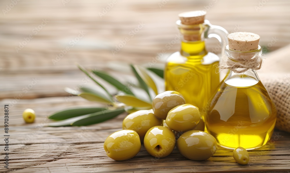 Fresh Olive Oil with Green Olives on Rustic Wooden Table, Generative AI Fresh Olive Oil with Green Olives on Rustic Wooden Table, Generative AI