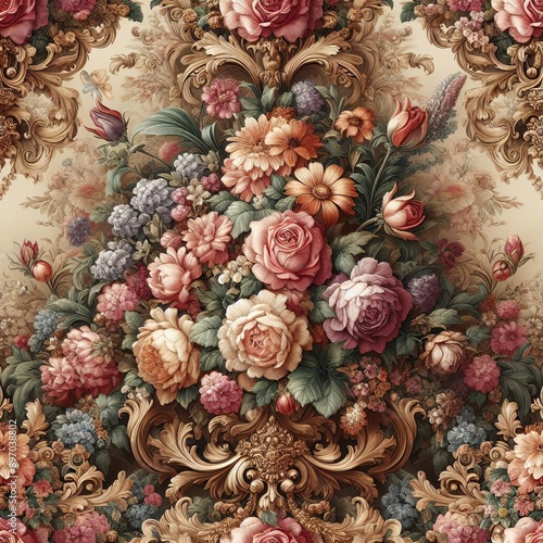 Seamless floral pattern with damask, baroque, rococo and Victorian motifs. Textured background