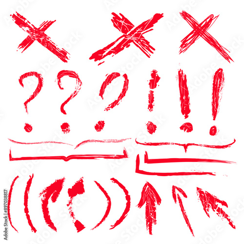 Set of vector X signs, grunge graphics collection. Hand drawn brush strokes with red ink splashes. Graphic symbols of curly braces, question and exclamation marks, arrows.