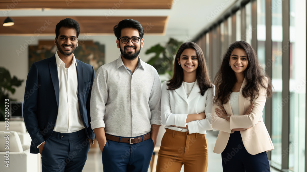 Obraz premium Group of four young professionals in business attire standing together in a modern office environment, smiling and looking at the camera.