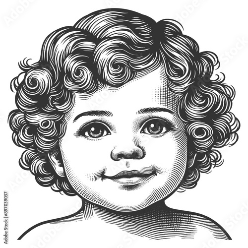 smiling baby with curly hair, capturing joy and innocence with detailed features sketch engraving generative ai fictional character vector illustration. Scratch board imitation. Black and white image.