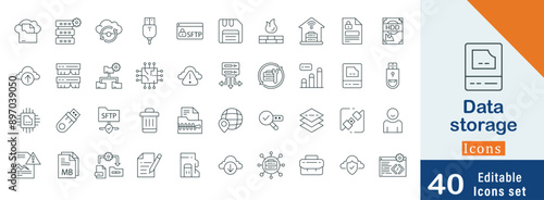 Data storage editable stroke line icon set. containing SFTP,  Email Envelopes, User Profiles, Data Backup, Data Recovery and more icon