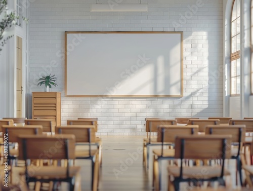 A traditional classroom setting with wooden chairs and a white board for teaching or learning