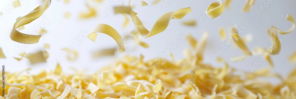 Obraz premium Raw Italian pasta falls gracefully through the air, landing on a white surface. Generative AI