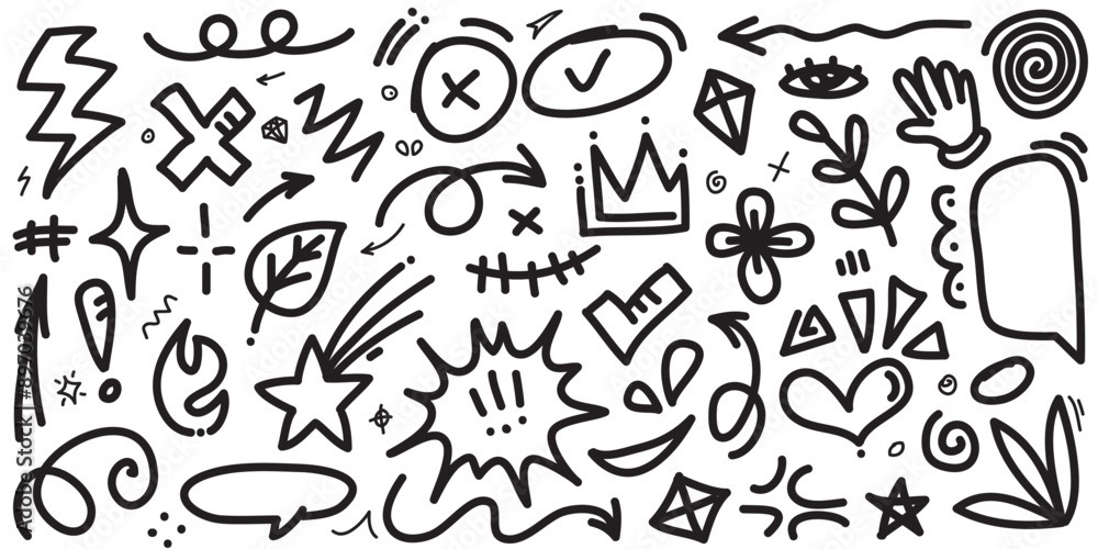 Doodle set of hand-drawn cartoony expression sign doodle, curve directional arrows, emoticon effects design elements, cartoon character emotion symbols, cute decorative brush stroke lines. Doodle set of hand-drawn cartoony expression sign doodle, curve directional arrows, emoticon effects design elements, cartoon character emotion symbols, cute decorative brush stroke lines.