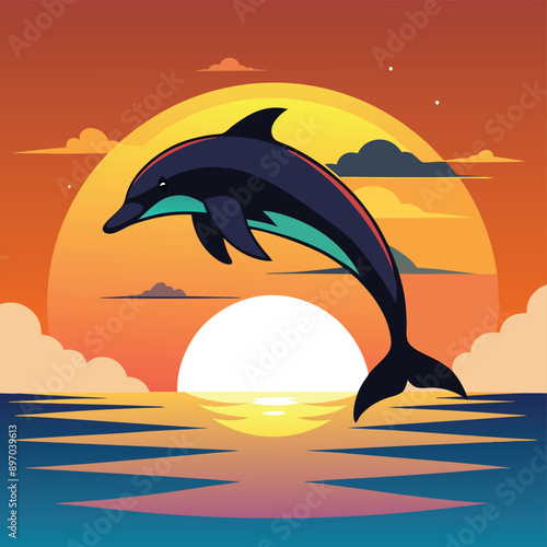 Jumping dolphin at sunset