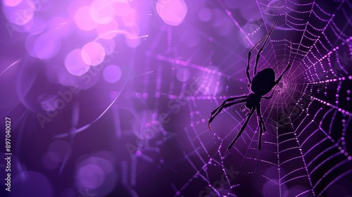 A mesmerizing purple spider in a delicate web, creating an enchanting and eerie atmosphere filled with dreamy bokeh lights.