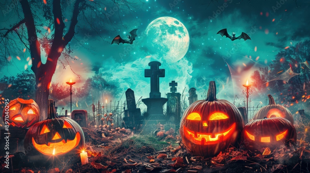 Naklejka premium A spooky Halloween scene featuring glowing pumpkins, gravestones, bats, and a full moon illuminating the eerie atmosphere.
