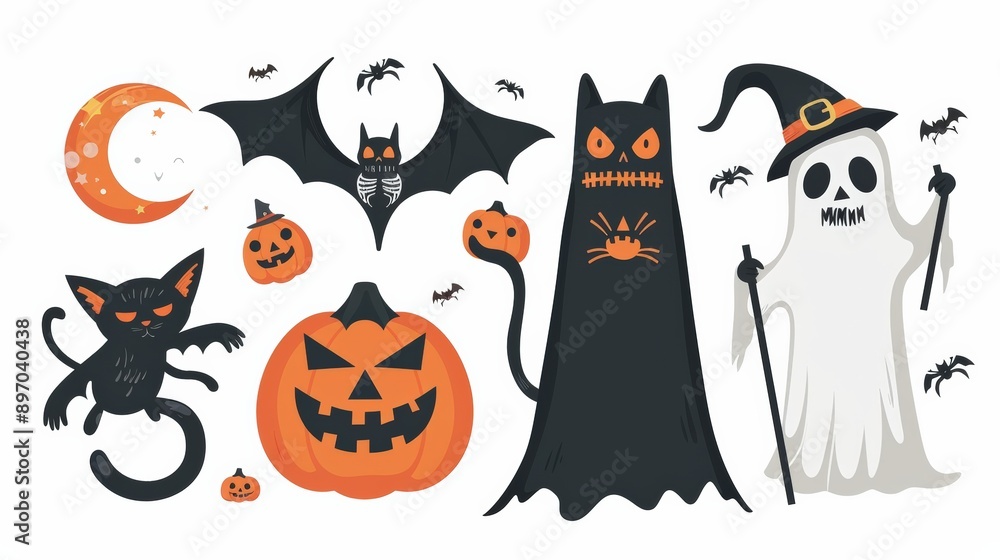 A whimsical Halloween collection featuring a ghost, bat, pumpkin, cat, and spooky elements to enhance your festive designs. A whimsical Halloween collection featuring a ghost, bat, pumpkin, cat, and spooky elements to enhance your festive designs.