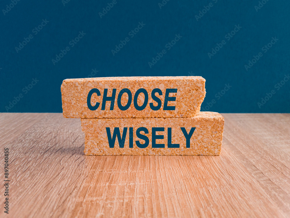 Concept blue words CHOOSE WISELY on brick blocks. Beautiful blue background, wooden table. Decision making and strategy concept.