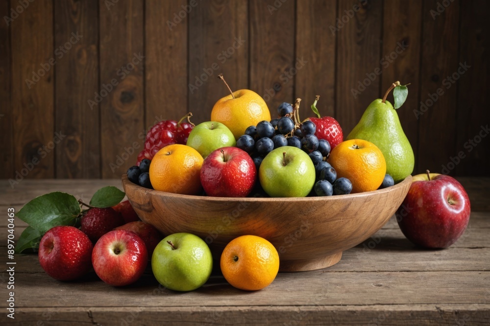 Still life with fruit in wood bowl against wood background Still life with fruit in wood bowl against wood background