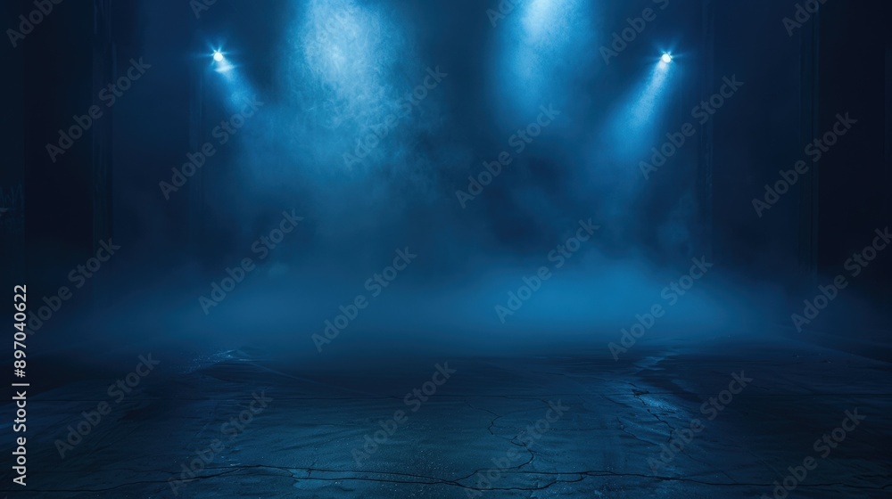 Mysterious blue lighting illuminates a foggy scene, creating an atmospheric background for various creative projects. Mysterious blue lighting illuminates a foggy scene, creating an atmospheric background for various creative projects.