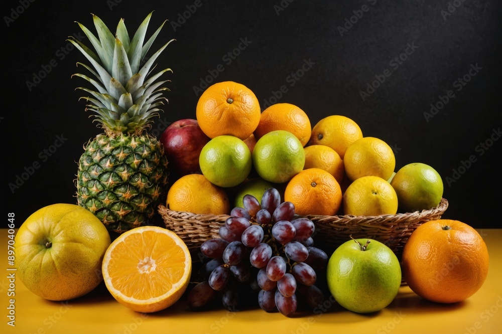 Set of fresh tropical fruits. Ripe mangoes, pineapple, oranges, grapes and bananas. Hard light, dark shadow, yellow background, close up Set of fresh tropical fruits. Ripe mangoes, pineapple, oranges, grapes and bananas. Hard light, dark shadow, yellow background, close up