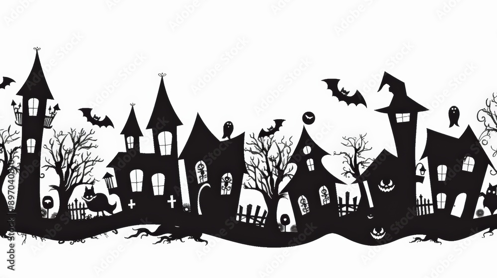 Spooky silhouette of a haunted village with bats, trees, and creepy houses ideal for Halloween-themed decorations. Spooky silhouette of a haunted village with bats, trees, and creepy houses ideal for Halloween-themed decorations.