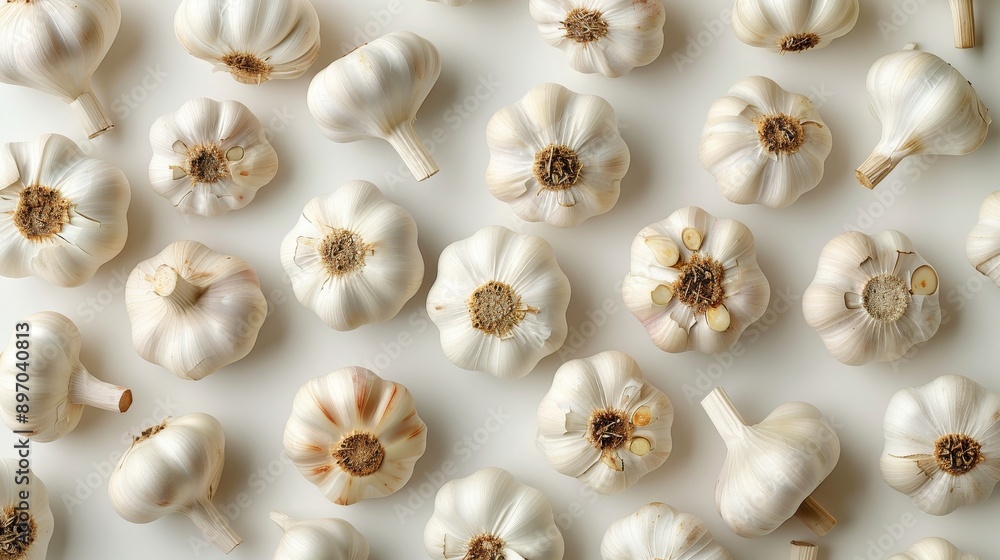 Fototapeta premium garlic arranged in rows and top view on white background