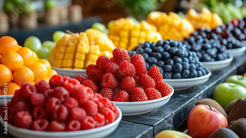 Rainbow of Freshness: A vibrant array of fruits bursts with color, offering a healthy and delicious feast for the eyes and body, Various kinds of fruit in cups