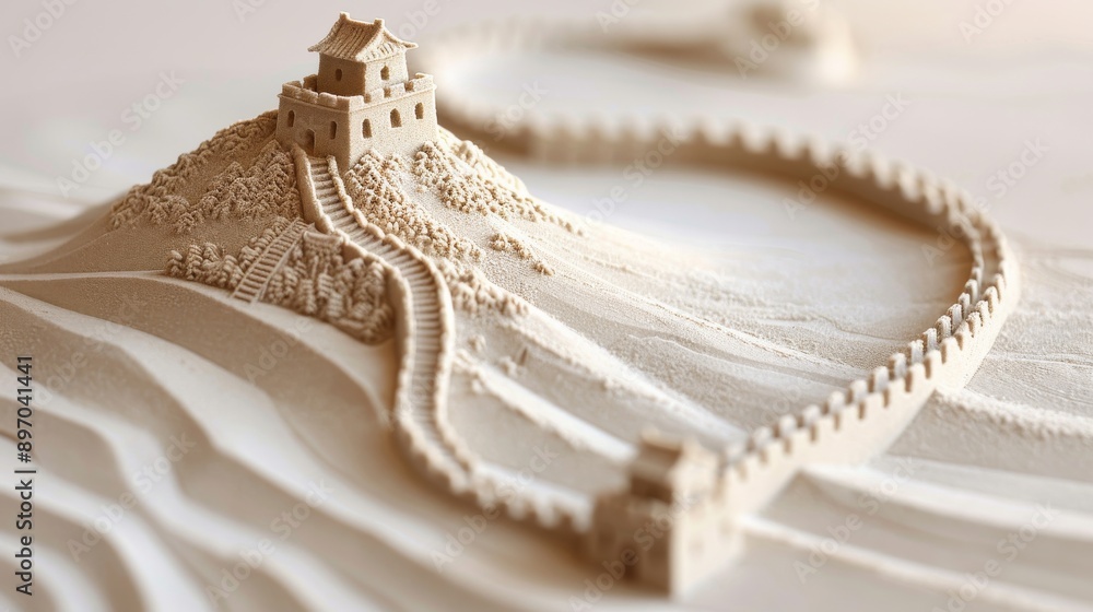 Intricately Carved Sand Sculpture of the Great Wall of China on Serene Beach Landscape Intricately Carved Sand Sculpture of the Great Wall of China on Serene Beach Landscape